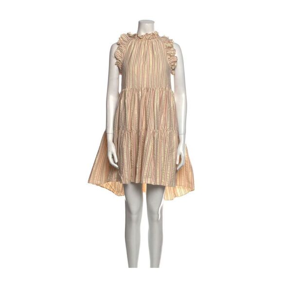 ULLA JOHNSON Tamsin Striped Cotton Ruffle Flutter Sleeve Trapeze Dress - Picture 9 of 12